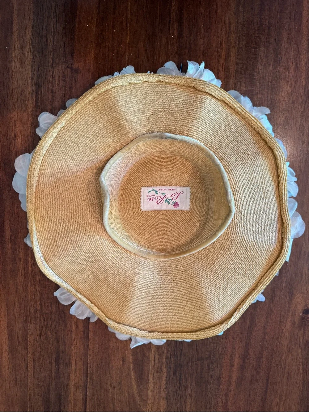 Vintage La Rose Hats New York Pink Floral Straw Wide Brim Picture Hat